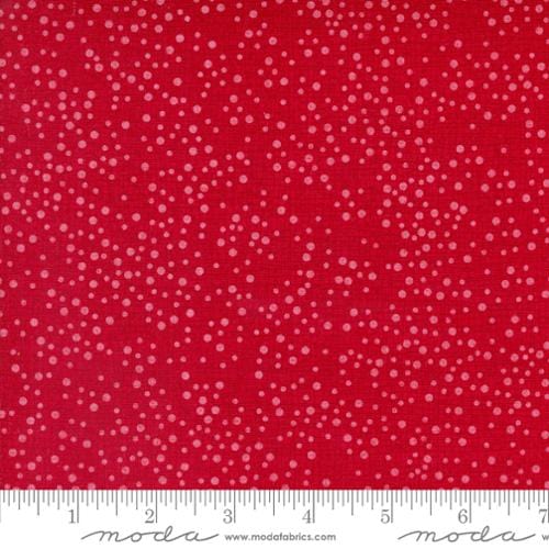 Cotton quilting fabric pattern called 'Dotty Thatched in Crimson'. Part of the 'Winterly' fabric collection. Designed by Robin Pickens for fabric company Moda. SKU: 48715 43. 44-45 inch width.