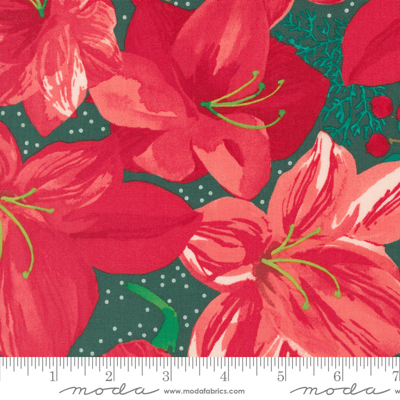 Cotton quilting fabric pattern called 'Christmas Lily in Spruce'. Part of the 'Winterly' fabric collection. Designed by Robin Pickens for fabric company Moda. SKU: 48760 18. 44-45 inch width.