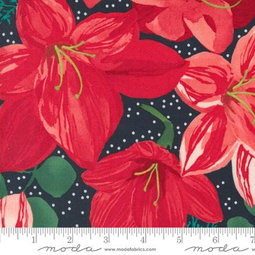 Cotton quilting fabric pattern called 'Christmas Lily in Soft Black'. Part of the 'Winterly' fabric collection. Designed by Robin Pickens for fabric company Moda. SKU: 48760 19. 44-45 inch width.
