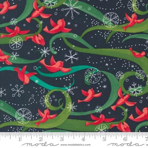 Cotton quilting fabric pattern called 'Birds with Ribbons in Soft Black'. Part of the 'Winterly' fabric collection. Designed by Robin Pickens for fabric company Moda. SKU: 48761 19. 44-45 inch width.