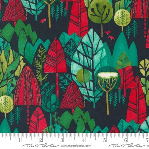 Cotton quilting fabric pattern called 'Winter Landscape in Soft Black'. Part of the 'Winterly' fabric collection. Designed by Robin Pickens for fabric company Moda. SKU: 48762 19. 44-45 inch width.