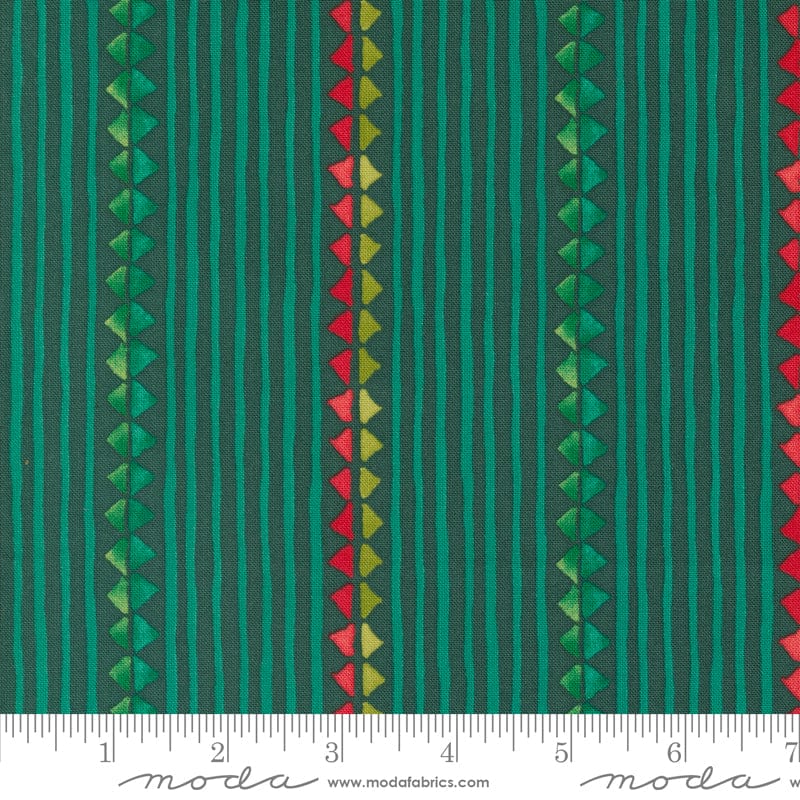 Cotton quilting fabric pattern called 'Christmas Ribbon in Spruce'. Part of the 'Winterly' fabric collection. Designed by Robin Pickens for fabric company Moda. SKU: 48763 18. 44-45 inch width.