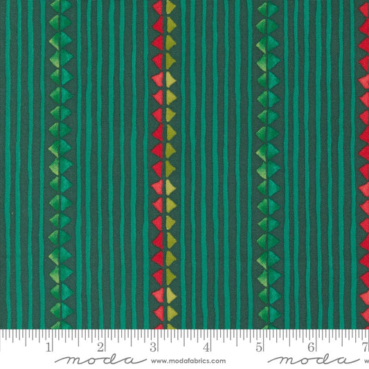 Cotton quilting fabric pattern called 'Christmas Ribbon in Spruce'. Part of the 'Winterly' fabric collection. Designed by Robin Pickens for fabric company Moda. SKU: 48763 18. 44-45 inch width.