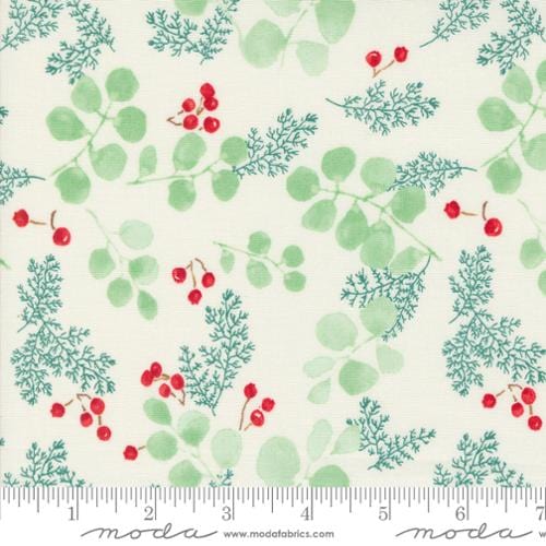 Cotton quilting fabric pattern called 'Greenery and Berries in Cream'. Part of the 'Winterly' fabric collection. Designed by Robin Pickens for fabric company Moda. SKU: 48764 11. 44-45 inch width.