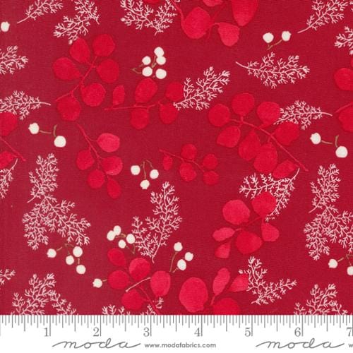 Cotton quilting fabric pattern called 'Greenery and Berries in Crimson'. Part of the 'Winterly' fabric collection. Designed by Robin Pickens for fabric company Moda. SKU: 48764 16. 44-45 inch width.