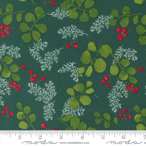 Cotton quilting fabric pattern called 'Greenery and Berries in Spruce'. Part of the 'Winterly' fabric collection. Designed by Robin Pickens for fabric company Moda. SKU: 48764 18. 44-45 inch width.