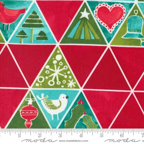 Cotton quilting fabric pattern called 'Christmas Tree Mosaic in Crimson'. Part of the 'Winterly' fabric collection. Designed by Robin Pickens for fabric company Moda. SKU: 48765 15. 44-45 inch width.