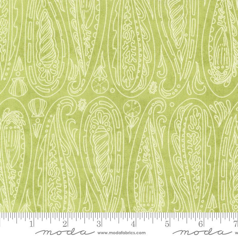 Cotton quilting fabric pattern called 'Paisley Shells in Kelp'. Part of the 'Serena Shores' fabric collection. Designed by Robin Pickens for fabric company Moda. SKU: 48772 24. 44-45 inch width.