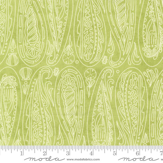 Cotton quilting fabric pattern called 'Paisley Shells in Kelp'. Part of the 'Serena Shores' fabric collection. Designed by Robin Pickens for fabric company Moda. SKU: 48772 24. 44-45 inch width.