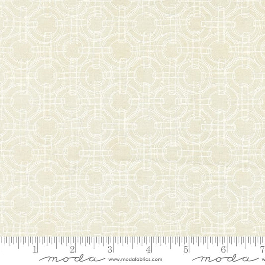 Cotton quilting fabric pattern called 'Linked Rings in Cloud'. Part of the 'Serena Shores' fabric collection. Designed by Robin Pickens for fabric company Moda. SKU: 48775 11. 44-45 inch width.