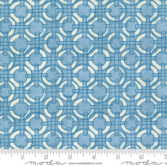 Cotton quilting fabric pattern called 'Linked Rings in Breeze'. Part of the 'Serena Shores' fabric collection. Designed by Robin Pickens for fabric company Moda. SKU: 48775 16. 44-45 inch width.
