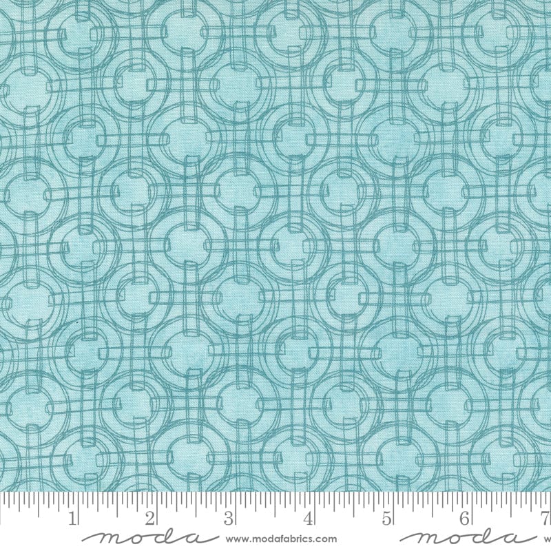 Cotton quilting fabric pattern called 'Linked Rings in Mist'. Part of the 'Serena Shores' fabric collection. Designed by Robin Pickens for fabric company Moda. SKU: 48775 18. 44-45 inch width.