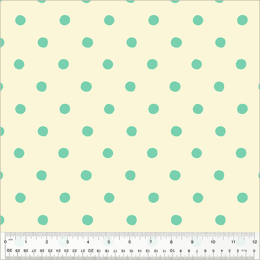 A closeup shot of the quilting fabric pattern called Dots, designed by Heather Ross, in the aqua colorway. The SKU is 50169D-1.