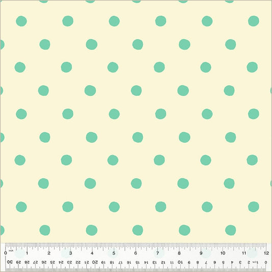 A closeup shot of the quilting fabric pattern called Dots, designed by Heather Ross, in the aqua colorway. The SKU is 50169D-1.