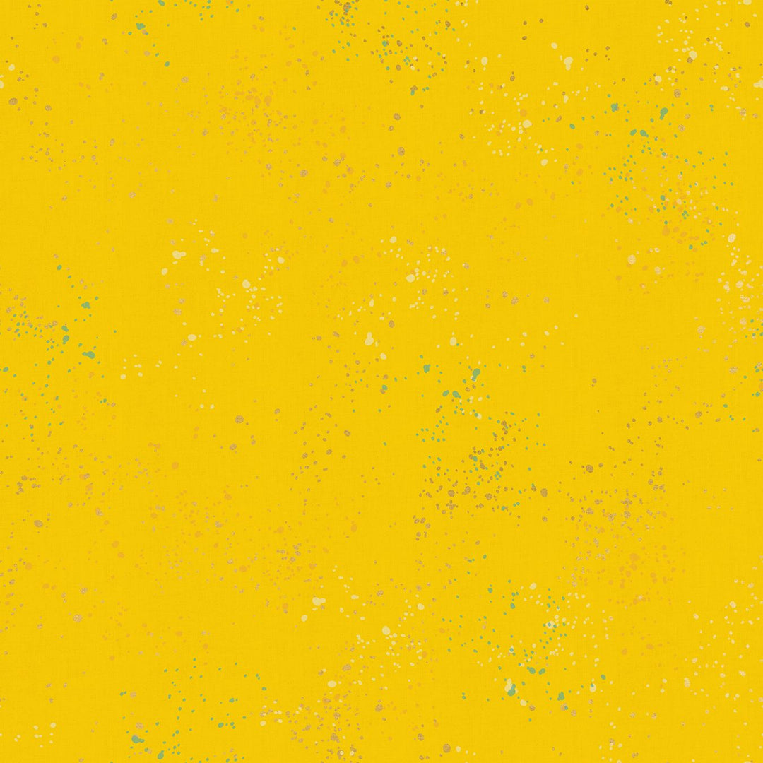 Cotton quilting fabric pattern called 'Sunshine'. Part of the 'Speckled Metallic' fabric collection. Designed by Rashida Coleman Hale of Ruby Star Society for fabric company Moda Fabrics. SKU: RS5027 71M. 44-45 inch width.