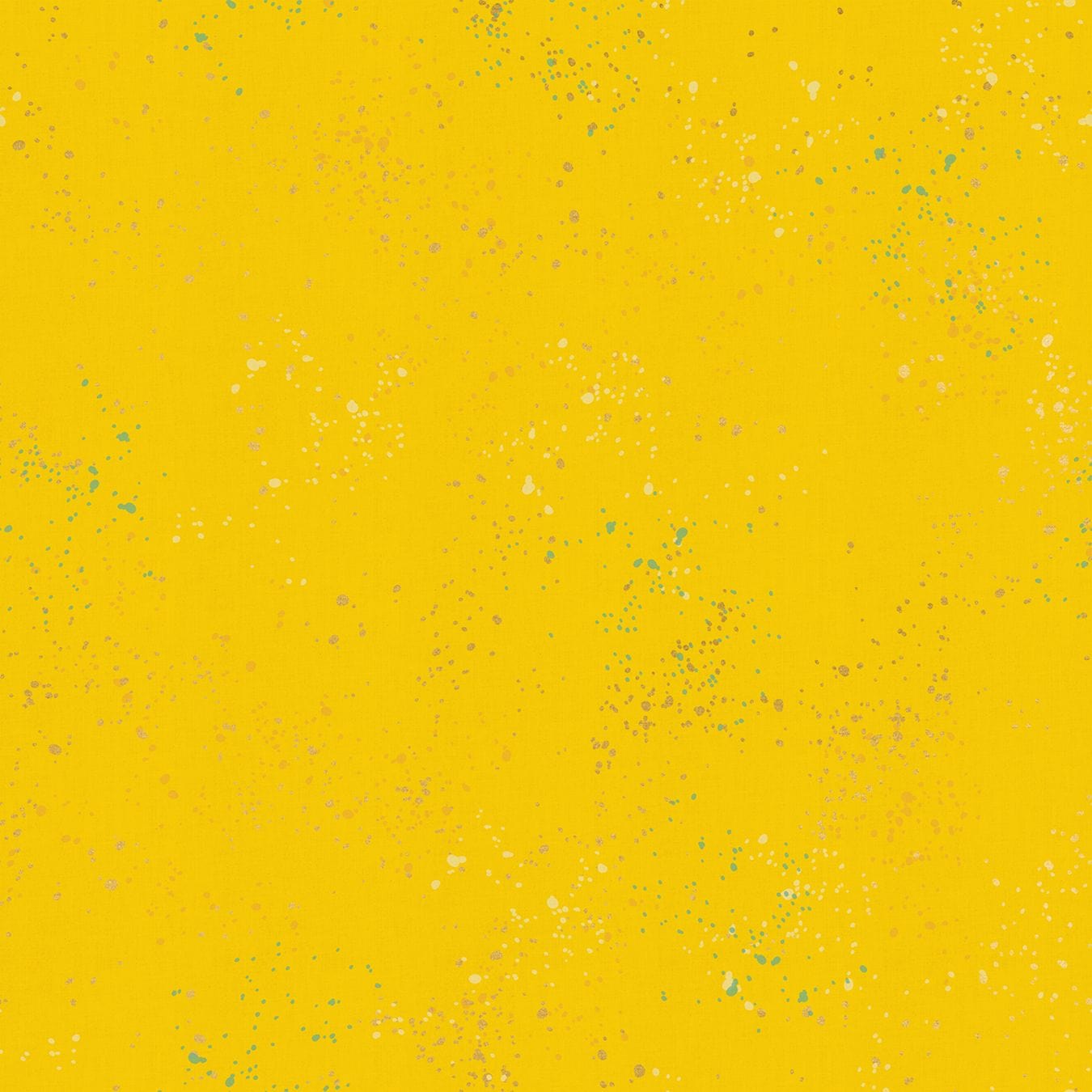 Cotton quilting fabric pattern called 'Sunshine'. Part of the 'Speckled Metallic' fabric collection. Designed by Rashida Coleman Hale of Ruby Star Society for fabric company Moda Fabrics. SKU: RS5027 71M. 44-45 inch width.