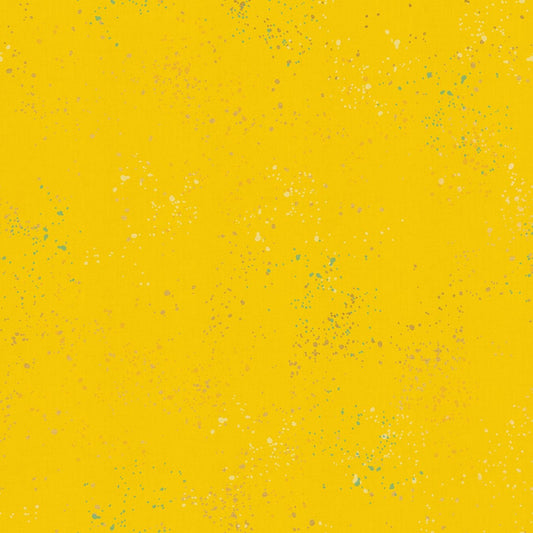 Cotton quilting fabric pattern called 'Sunshine'. Part of the 'Speckled Metallic' fabric collection. Designed by Rashida Coleman Hale of Ruby Star Society for fabric company Moda Fabrics. SKU: RS5027 71M. 44-45 inch width.