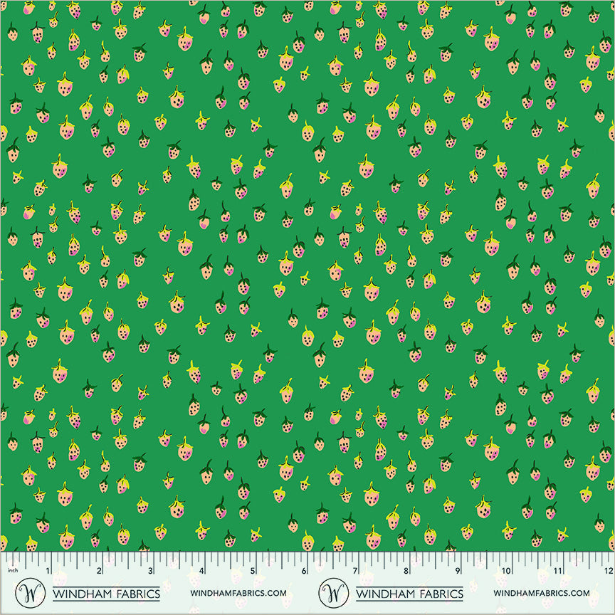 Field Strawberries in Jade quilting fabric, part of the Heather Ross Favorites fabric collection by Heather Ross (SKU: 50899D-12)