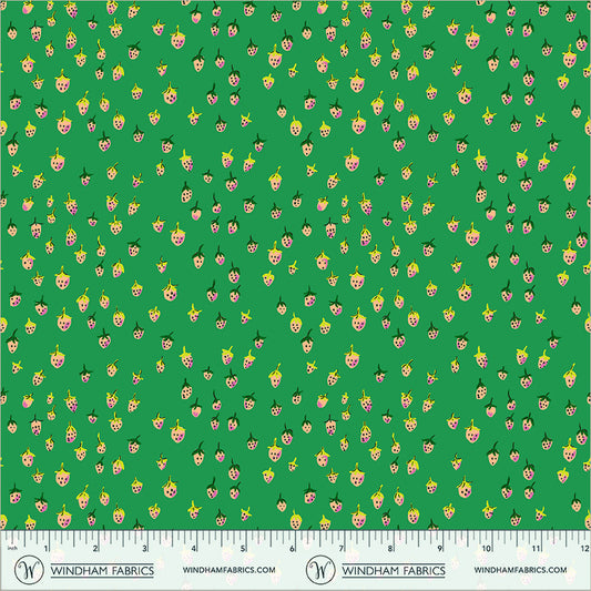 Field Strawberries in Jade quilting fabric, part of the Heather Ross Favorites fabric collection by Heather Ross (SKU: 50899D-12)