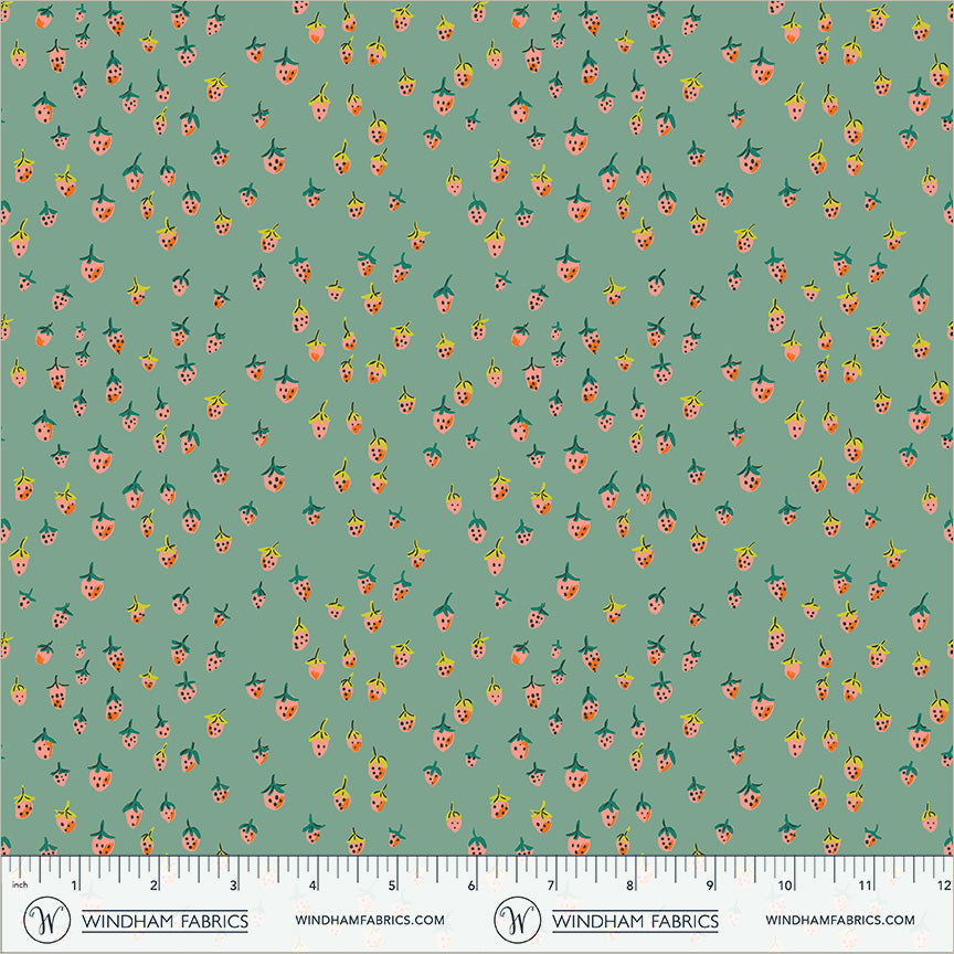 Field Strawberries in Teal quilting fabric, part of the Heather Ross Favorites fabric collection by Heather Ross (SKU: 50899D-13)