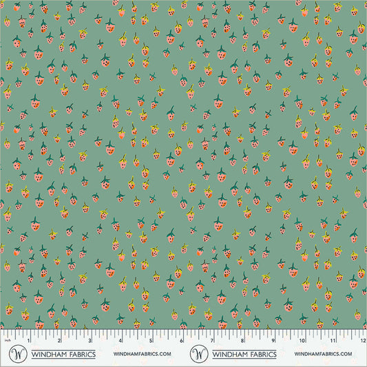 Field Strawberries in Teal quilting fabric, part of the Heather Ross Favorites fabric collection by Heather Ross (SKU: 50899D-13)