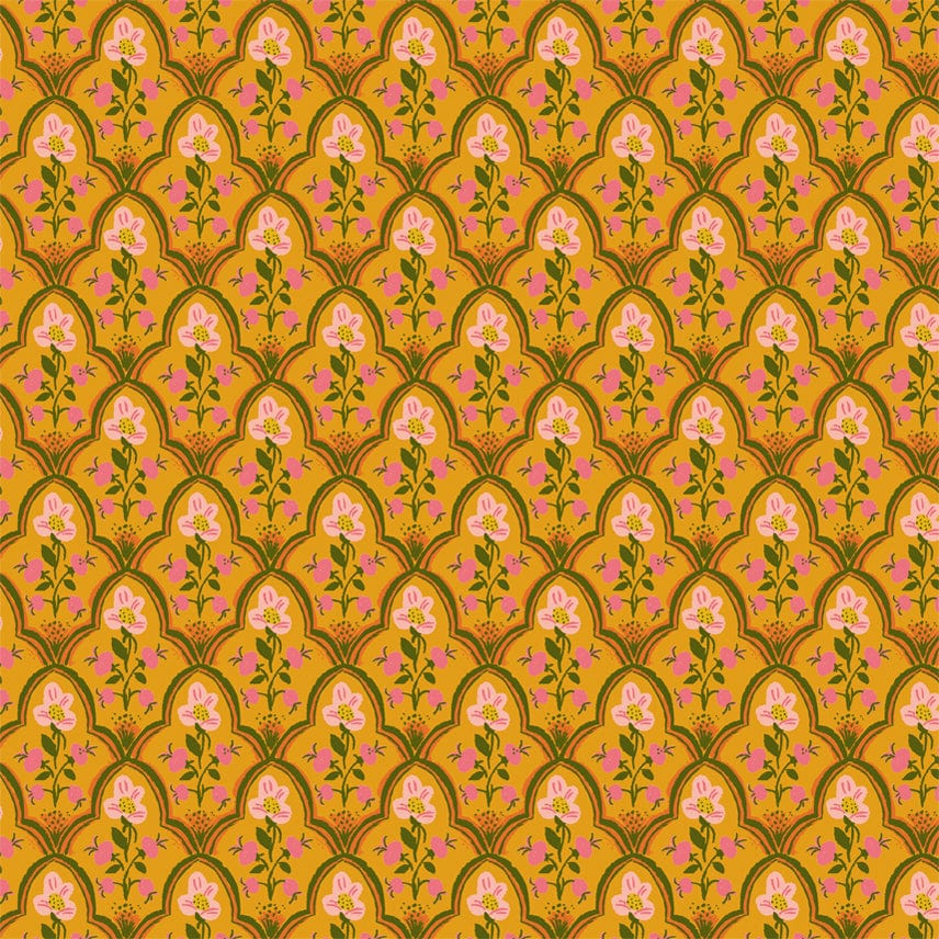 A closeup shot of the quilting fabric pattern called Wood Block, designed by Heather Ross, in the olive colorway. The SKU is 52151-20.