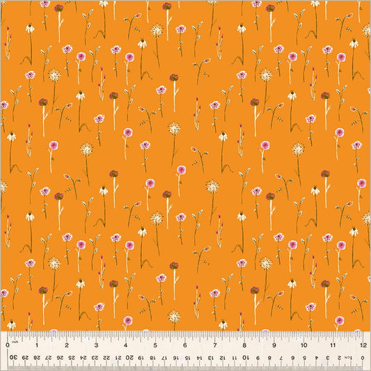 A closeup shot of the quilting fabric pattern called Wildflowers, designed by Heather Ross, in the orange colorway. The SKU is 52757D-12.