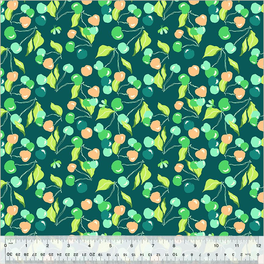 High Density Cotton quilting fabric pattern called 'Cherry Picking in Eden'. Part of the 'Summersault' fabric collection. Designed by Tamara Kate for the Windham Fabrics fabric company. SKU: 53757-6. 44-45 inch width.
