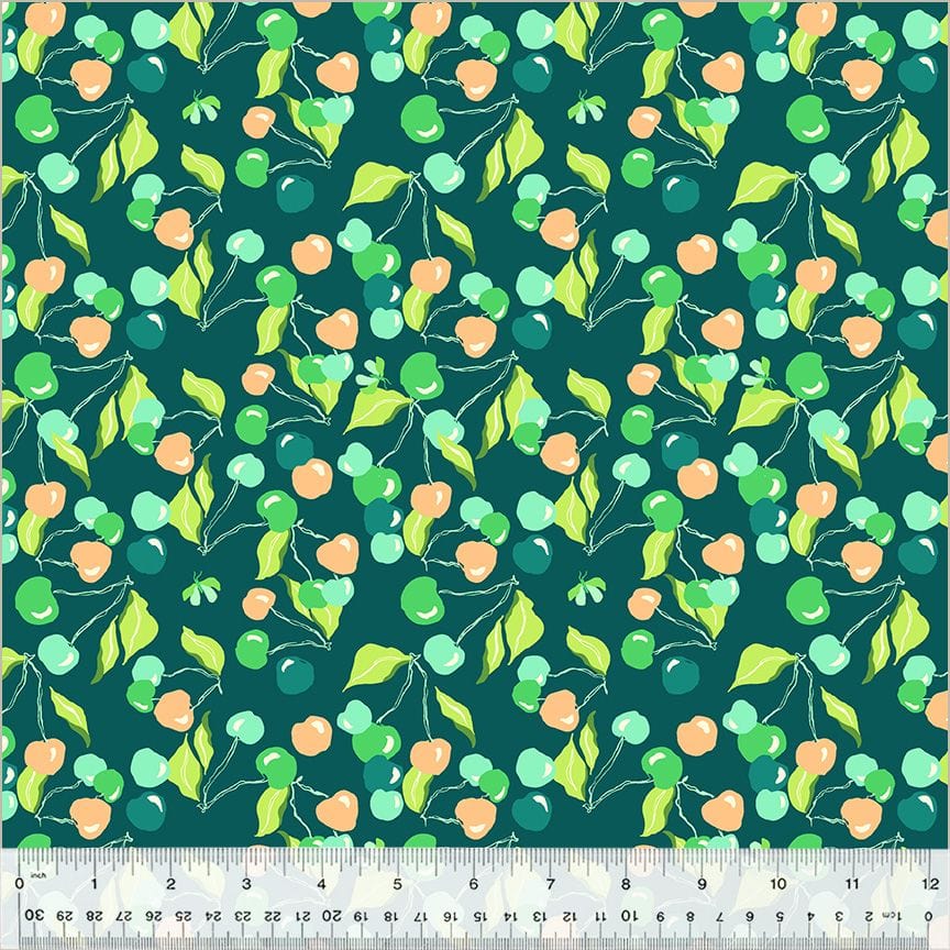 High Density Cotton quilting fabric pattern called 'Cherry Picking in Eden'. Part of the 'Summersault' fabric collection. Designed by Tamara Kate for the Windham Fabrics fabric company. SKU: 53757-6. 44-45 inch width.