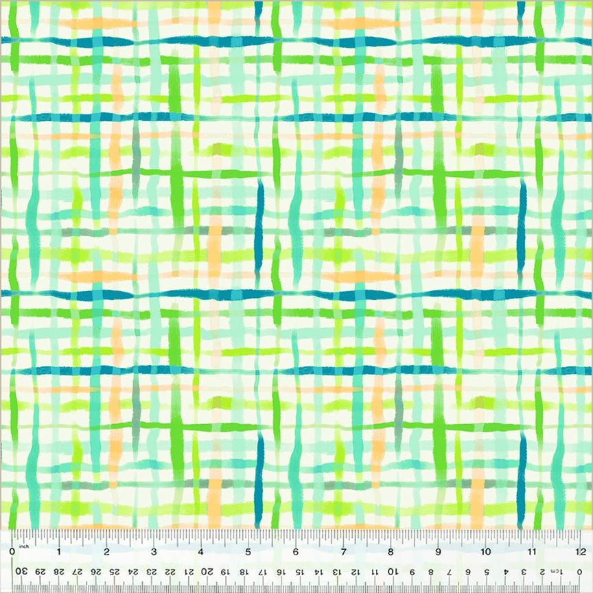 High Density Cotton quilting fabric pattern called 'Picnic Basket in Mint'. Part of the 'Summersault' fabric collection. Designed by Tamara Kate for the Windham Fabrics fabric company. SKU: 53758-7. 44-45 inch width.