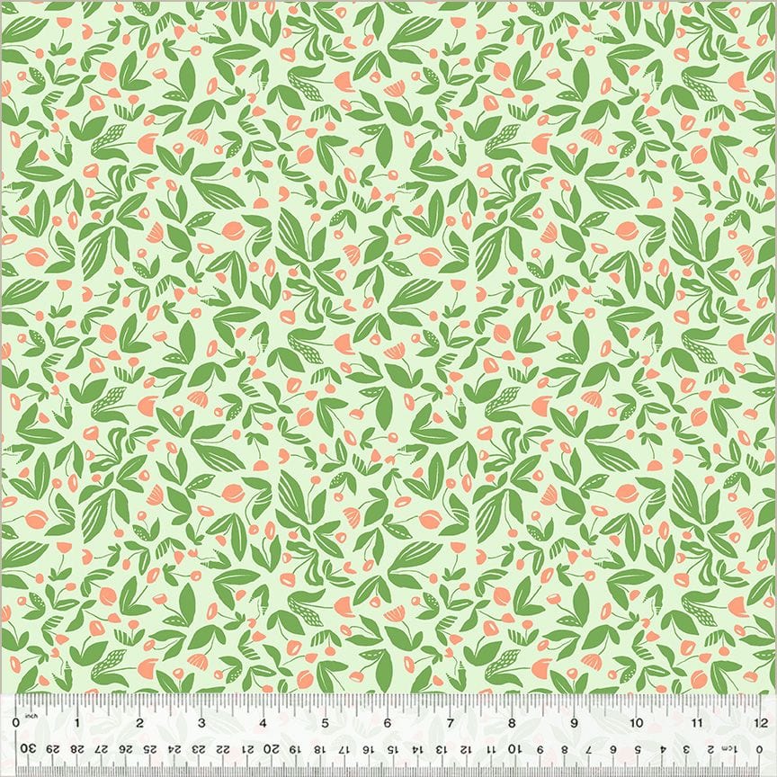 High Density Cotton quilting fabric pattern called 'Barefoot in Mint'. Part of the 'Summersault' fabric collection. Designed by Tamara Kate for the Windham Fabrics fabric company. SKU: 53759-7. 44-45 inch width.