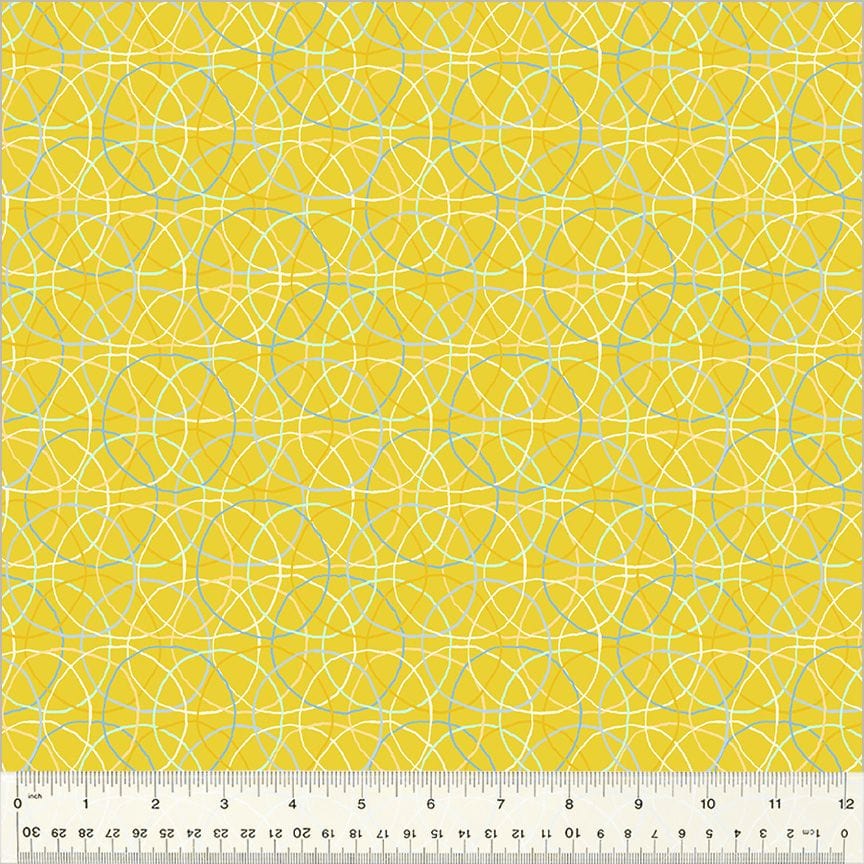 High Density Cotton quilting fabric pattern called 'Hoolahoop in Gold'. Part of the 'Summersault' fabric collection. Designed by Tamara Kate for the Windham Fabrics fabric company. SKU: 53760-10. 44-45 inch width.