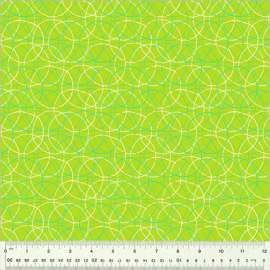 High Density Cotton quilting fabric pattern called 'Hoolahoop in Lime'. Part of the 'Summersault' fabric collection. Designed by Tamara Kate for the Windham Fabrics fabric company. SKU: 53760-12. 44-45 inch width.