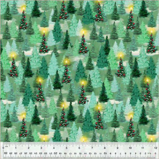 Winter Forest in Pine quilting fabric, part of the Christmas Village fabric collection by Whistler Studios (SKU: 53905-3)
