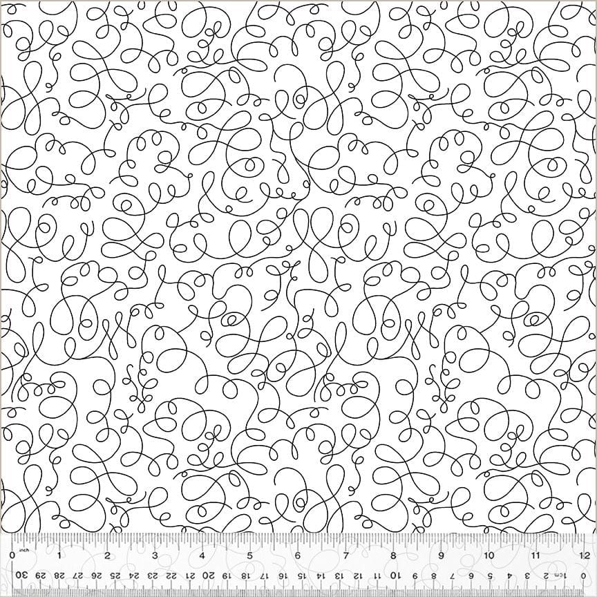 Cotton quilting fabric pattern called 'Just Begin in White'. Part of the 'Bliss' fabric collection. Designed by Virginia Kraljevic for fabric company Windham Fabrics. SKU: 53985-1. 44-45 inch width.