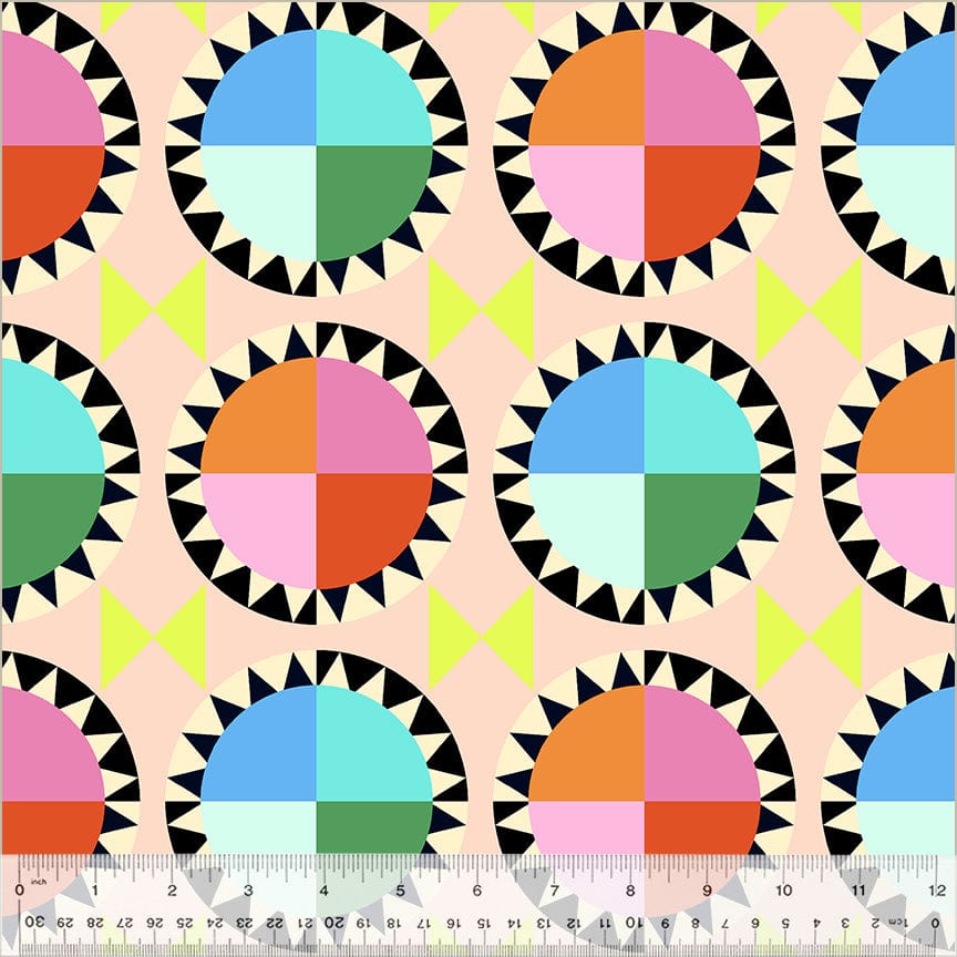 Cotton quilting fabric pattern called 'Rainbow Cake in Blush'. Part of the 'Kaleidoscope' fabric collection. Designed by Annabel Wrigley for fabric company Windham Fabrics. SKU: 54117D-3. 44-45 inch width.
