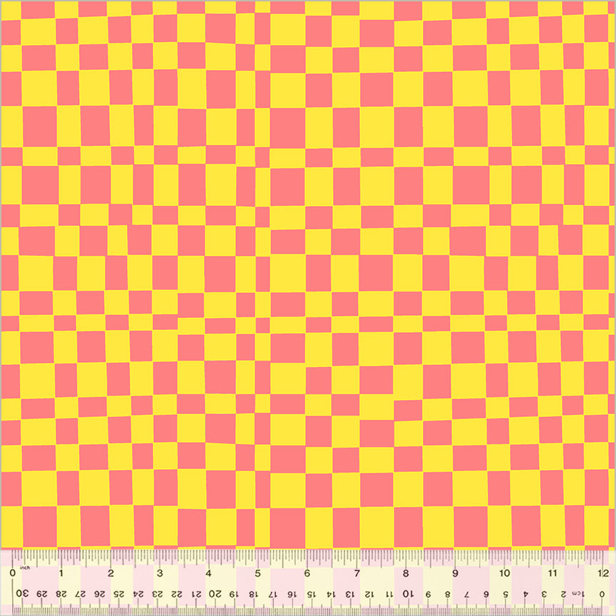 Cotton quilting fabric pattern called 'Checker in Glow/Limeade'. Part of the 'Kaleidoscope' fabric collection. Designed by Annabel Wrigley for fabric company Windham Fabrics. SKU: 54120D-13. 44-45 inch width.