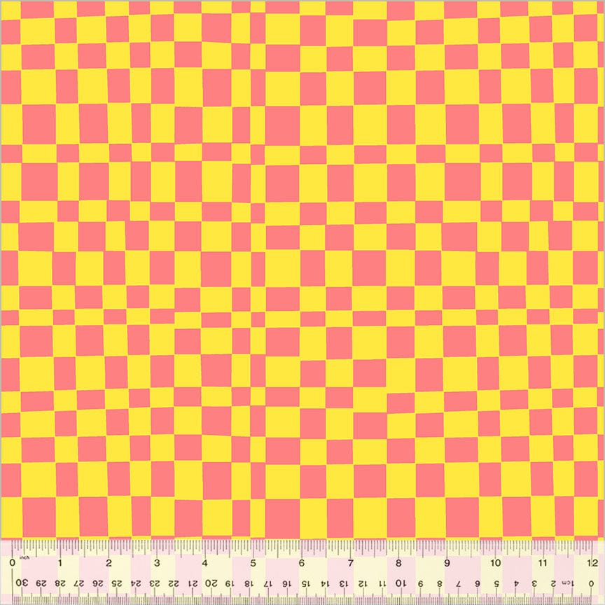 Cotton quilting fabric pattern called 'Checker in Glow/Limeade'. Part of the 'Kaleidoscope' fabric collection. Designed by Annabel Wrigley for fabric company Windham Fabrics. SKU: 54120D-13. 44-45 inch width.
