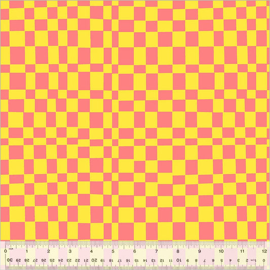 Cotton quilting fabric pattern called 'Checker in Glow/Limeade'. Part of the 'Kaleidoscope' fabric collection. Designed by Annabel Wrigley for fabric company Windham Fabrics. SKU: 54120D-13. 44-45 inch width.