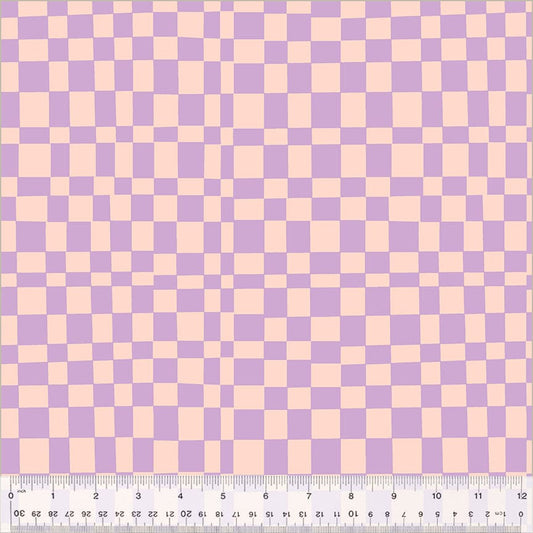 Cotton quilting fabric pattern called 'Checker in Blush/Vervain'. Part of the 'Kaleidoscope' fabric collection. Designed by Annabel Wrigley for fabric company Windham Fabrics. SKU: 54120D-3. 44-45 inch width.