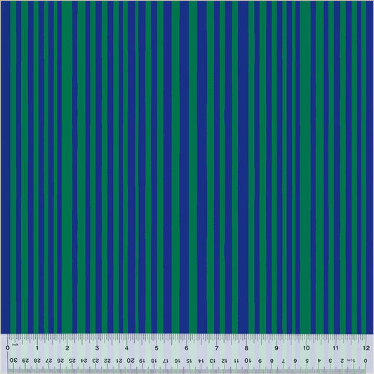 Cotton quilting fabric pattern called 'Mini Stripe in Majorelle Blue/Kelp'. Part of the 'Kaleidoscope' fabric collection. Designed by Annabel Wrigley for fabric company Windham Fabrics. SKU: 54121D-5. 44-45 inch width.
