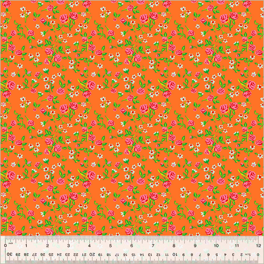 Cotton quilting fabric pattern called 'Mousy Floral in Tangerine'. Part of the 'Heather Ross By Hand' fabric collection. Designed by Heather Ross for fabric company Windham Fabrics. SKU: 54255D-7. 44-45 inch width.
