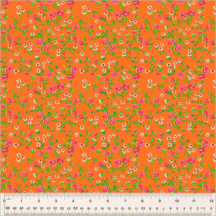 Cotton quilting fabric pattern called 'Mousy Floral in Tangerine'. Part of the 'Heather Ross By Hand' fabric collection. Designed by Heather Ross for fabric company Windham Fabrics. SKU: 54255D-7. 44-45 inch width.