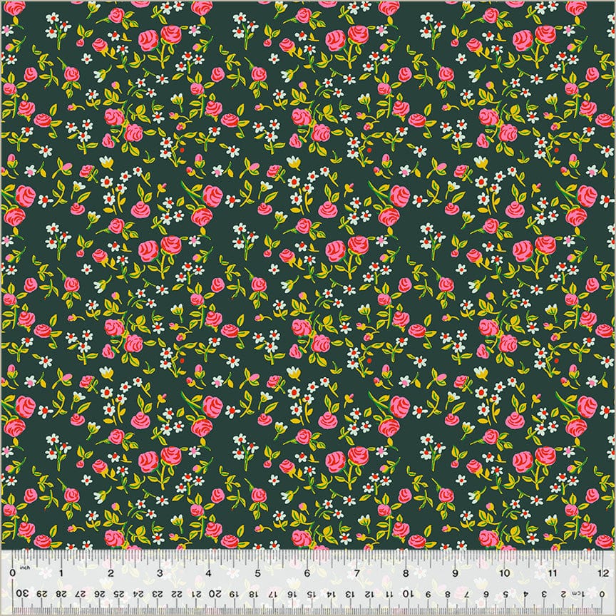 Cotton quilting fabric pattern called 'Mousy Floral in Pasture'. Part of the 'Heather Ross By Hand' fabric collection. Designed by Heather Ross for fabric company Windham Fabrics. SKU: 54255D-9. 44-45 inch width.