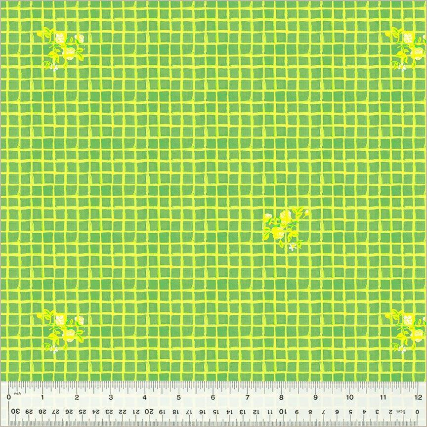 Cotton quilting fabric pattern called 'Windowpane in Green'. Part of the 'Heather Ross By Hand' fabric collection. Designed by Heather Ross for fabric company Windham Fabrics. SKU: 54256D-10. 44-45 inch width.