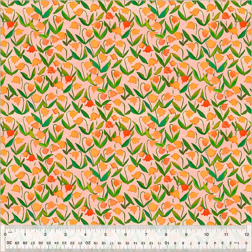Cotton quilting fabric pattern called 'Flowerbed in Salmon'. Part of the 'Heather Ross By Hand' fabric collection. Designed by Heather Ross for fabric company Windham Fabrics. SKU: 54257D-3. 44-45 inch width.