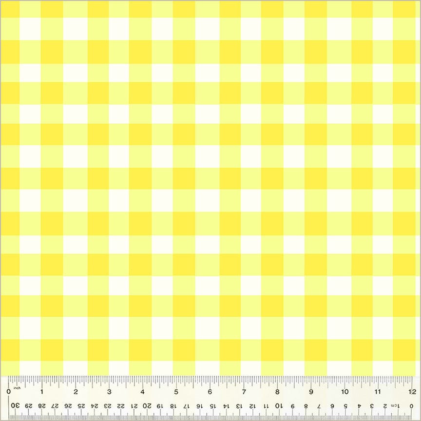 Cotton quilting fabric pattern called 'Essential Gingham in Lemon'. Part of the 'Heather Ross By Hand' fabric collection. Designed by Heather Ross for fabric company Windham Fabrics. SKU: 54258D-13. 44-45 inch width.