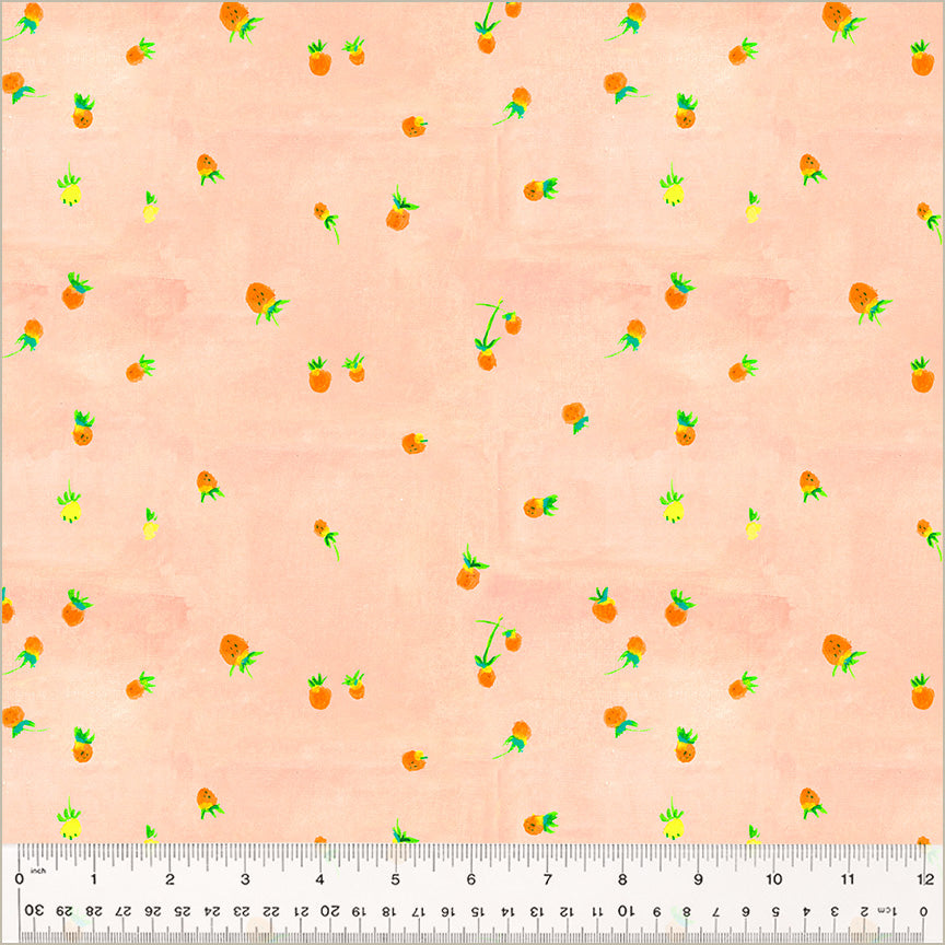 Cotton quilting fabric pattern called 'Wild Strawberries in Blush'. Part of the 'Heather Ross By Hand' fabric collection. Designed by Heather Ross for fabric company Windham Fabrics. SKU: 54259D-6. 44-45 inch width.