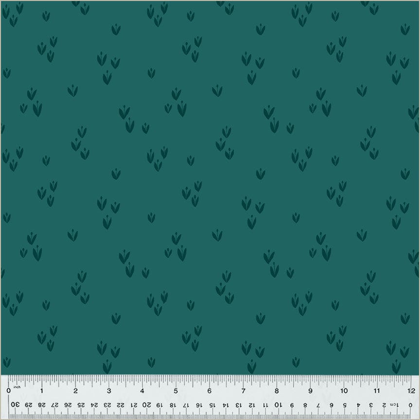 Cotton quilting fabric pattern called 'Sprout in Lagoon'. Part of the 'Moonlit' fabric collection. Designed by Jennifer Moore / Monaluna for fabric company Windham Fabrics. SKU: 54288-19. 44-45 inch width.