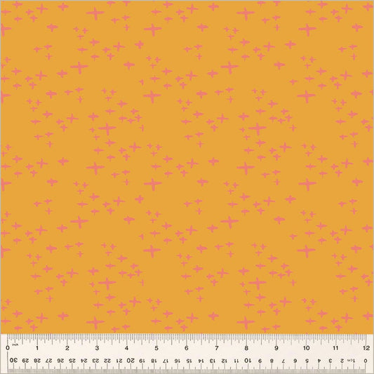 Cotton quilting fabric pattern called 'Glimmer in Tangerine'. Part of the 'Moonlit' fabric collection. Designed by Jennifer Moore / Monaluna for fabric company Windham Fabrics. SKU: 54289-12. 44-45 inch width.